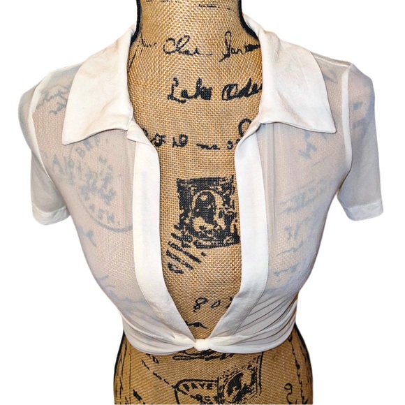 White Sheer Tie Front Deep V Collared Crop Top - Picture 1 of 5